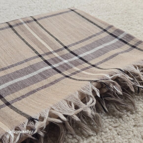 Wool Lightweight Tan Plaid Scarf - Picture 13 of 14